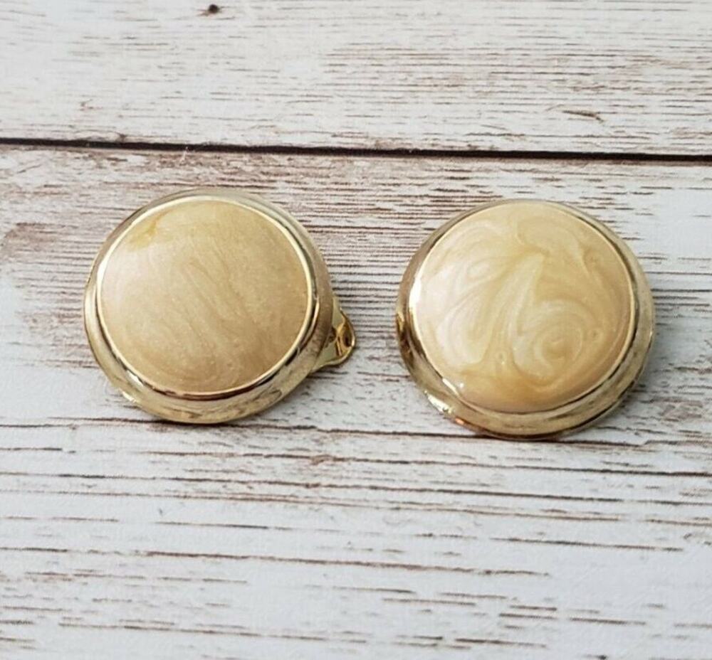 Vintage Clip On Earrings - Cream Swirl Circle with Gold Tone Halo Statement